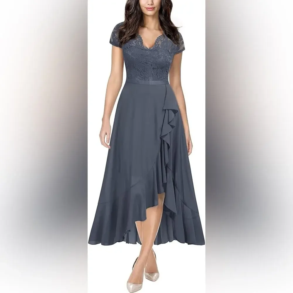 Womens Size 4-6 Dress NEW Asymmetircal Feminine Gray Formal Party Guest Midi - Picture 9 of 15